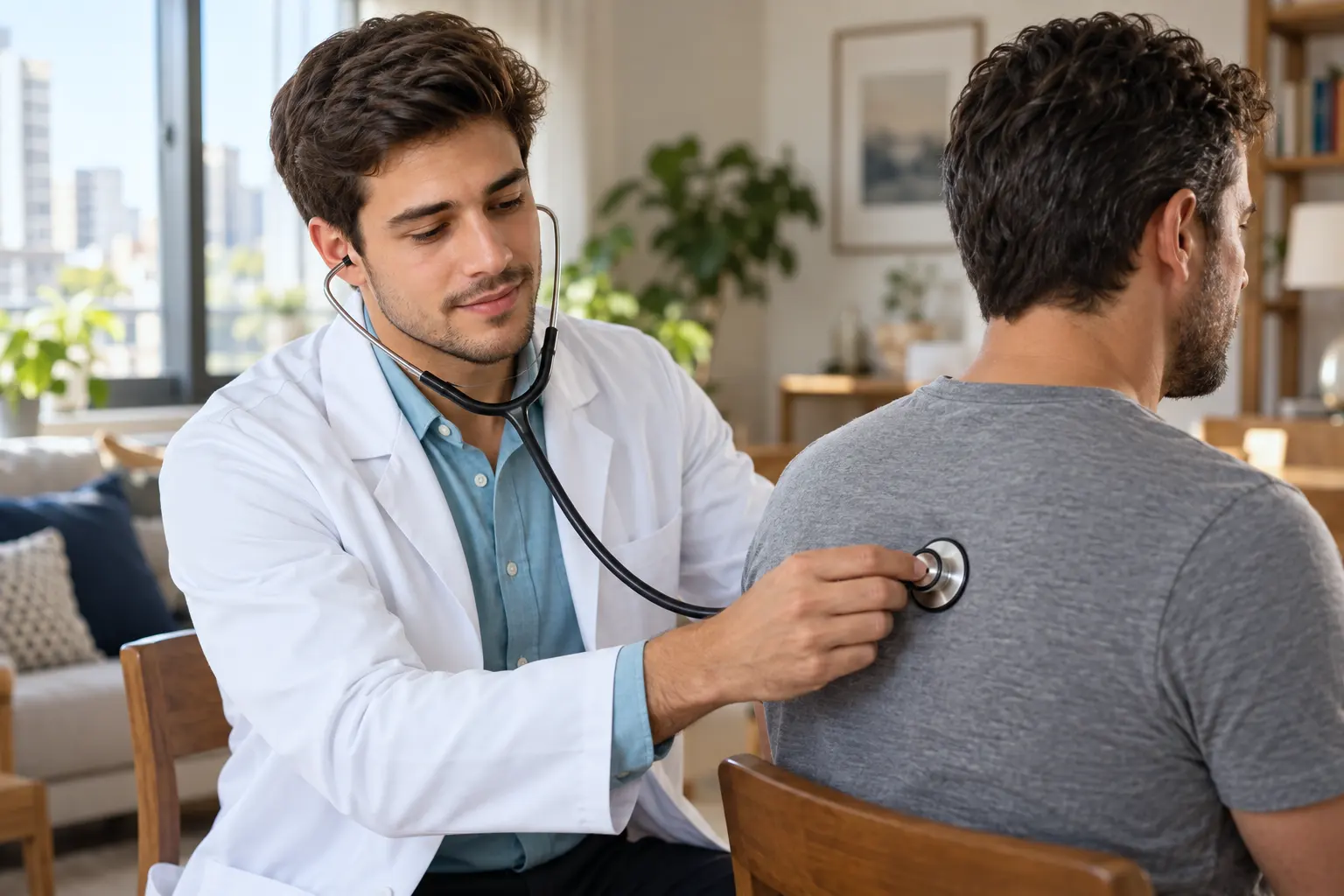 Médico ausculta as costas de um paciente durante um check-up em casa