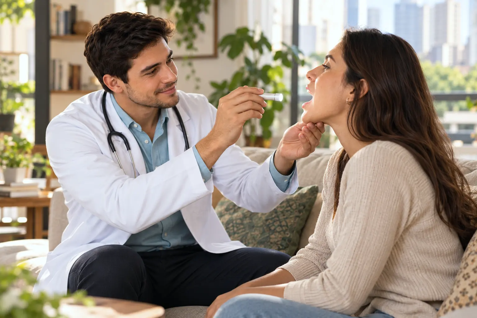 Médico examina a garganta de uma paciente com uma lanterna