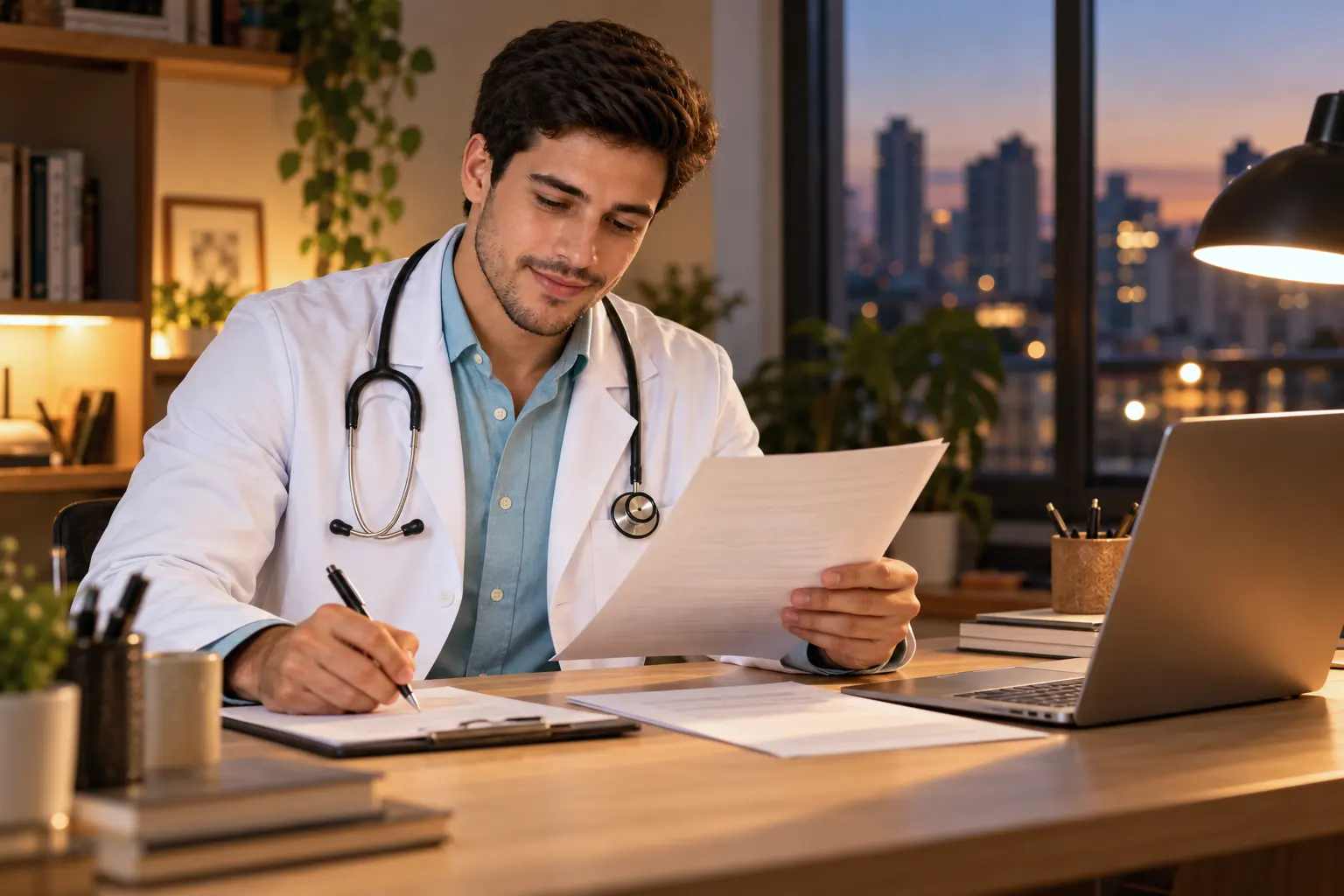 Médico revisa exames impressos e escreve um encaminhamento