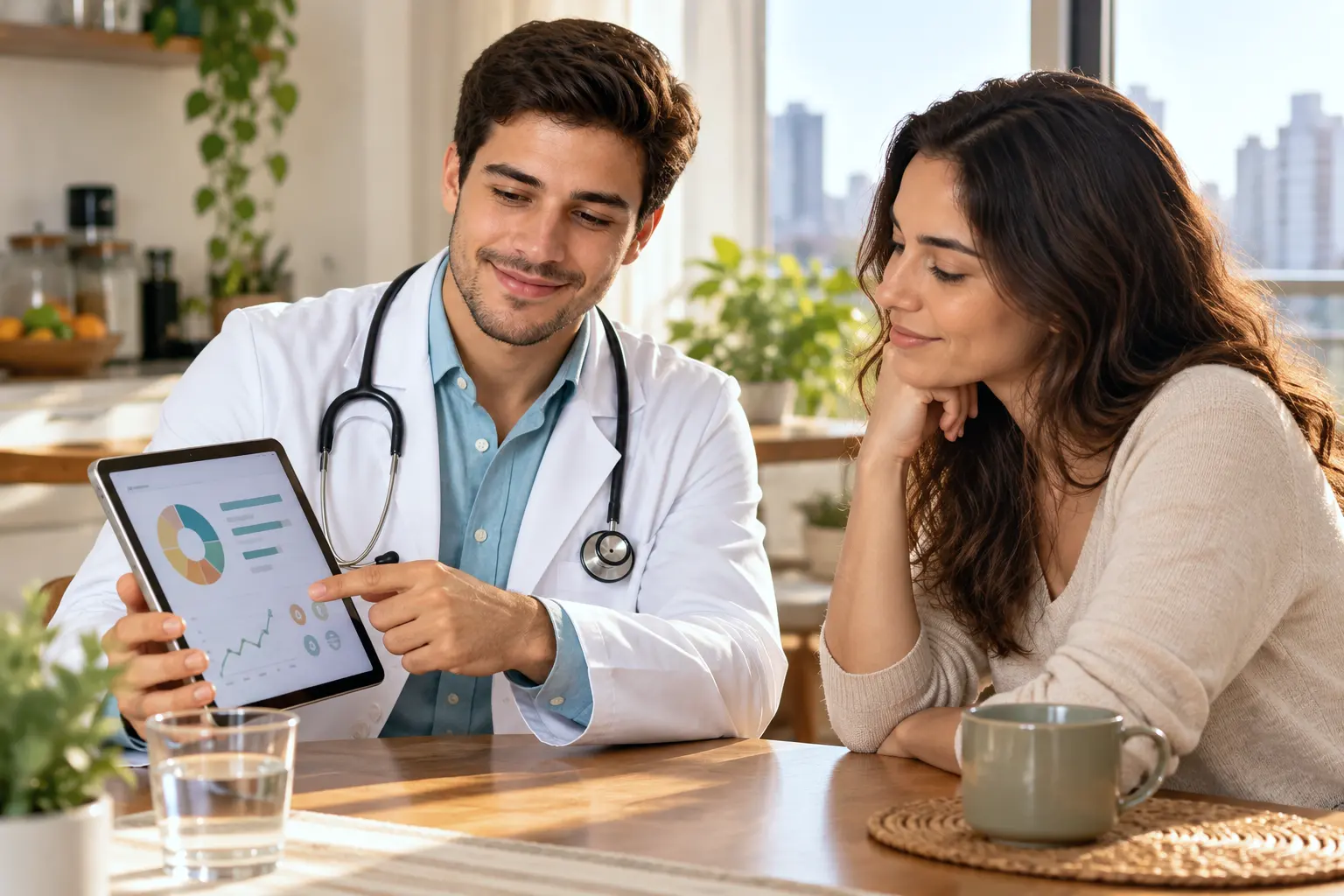 Médico mostra um gráfico de saúde no tablet para uma paciente na mesa da cozinha