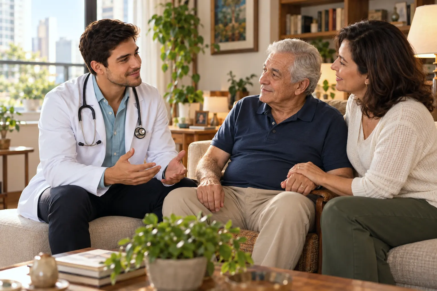 Médico conversa com um senhor e a filha dele na sala de casa