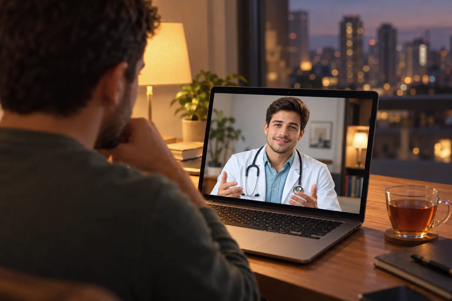 Paciente em casa conversa com o médico por videochamada no notebook