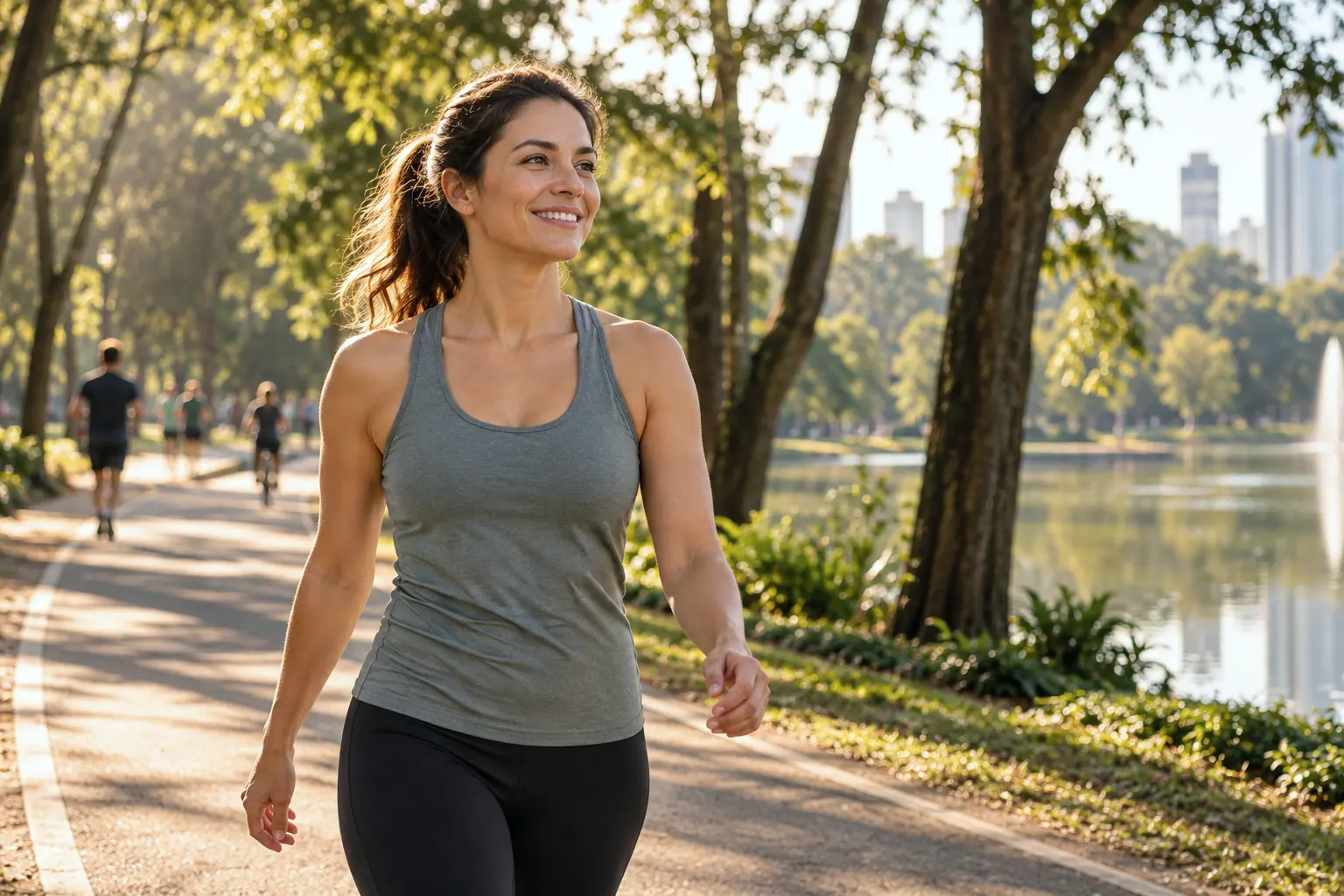 Mulher caminha sorrindo numa alameda do Parque Ibirapuera de manhã